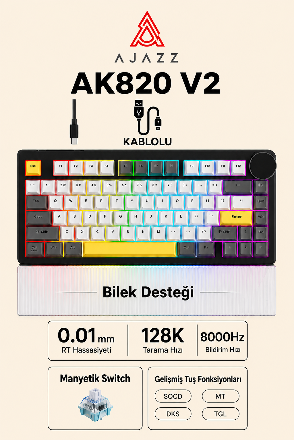 AK820 V2 Manyetik Switch Kablolu Oyuncu Klavyesi 8000Hz Rapid Trigger RGB