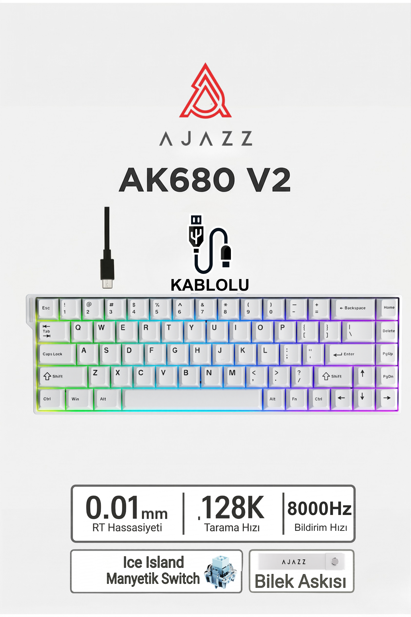 Ajazz Ak680v2 Manyetik Switch Rapid Trigger 8000Hz Klavye-128K Scan Rate-Bilek Askısı
