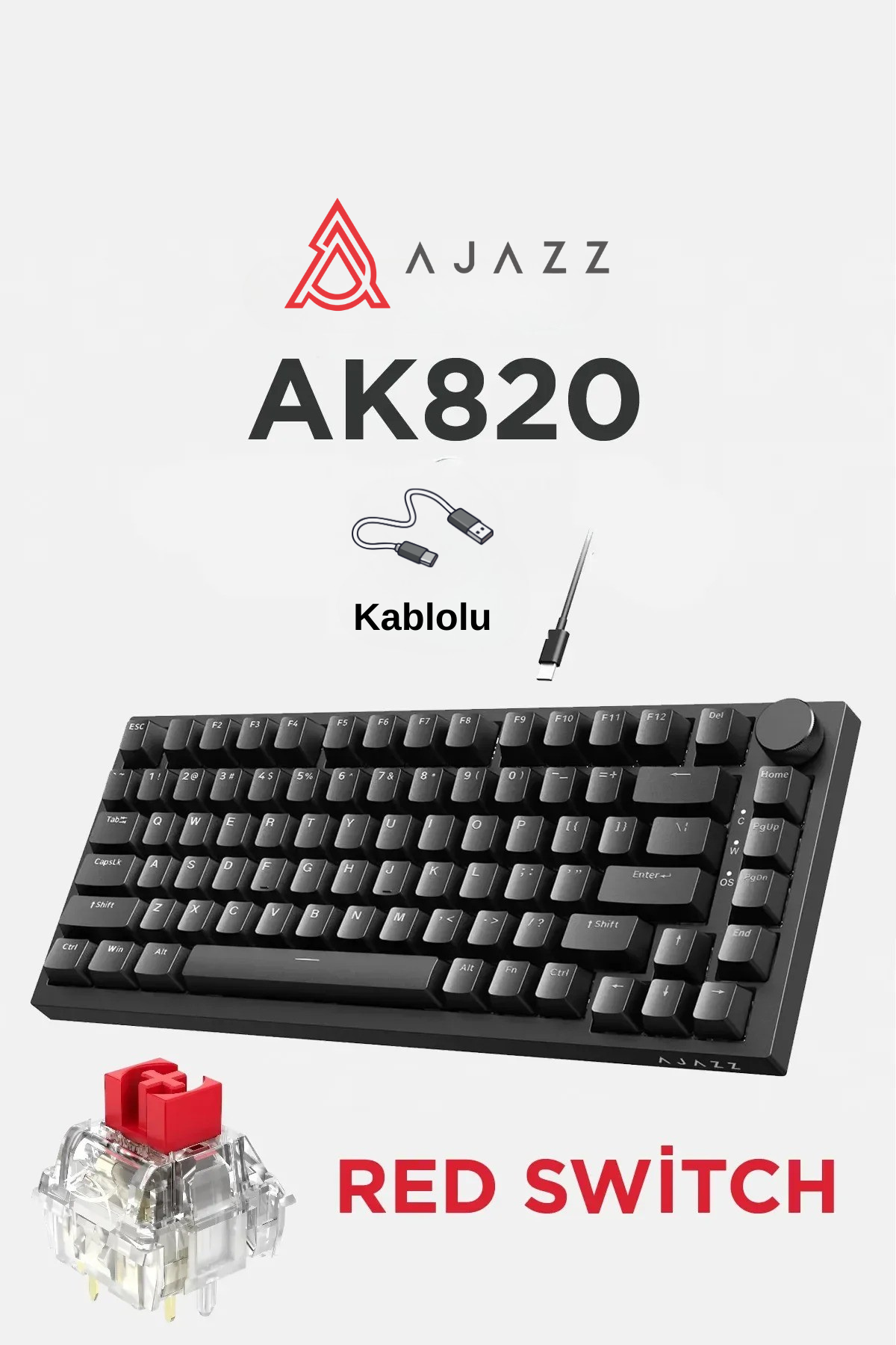 AK820 Kablolu Mekanik Oyun Klavyesi , Beyaz Işıklı, Beyaz-Gri, 82 Tuş, Hot Swap, Anti Ghosting