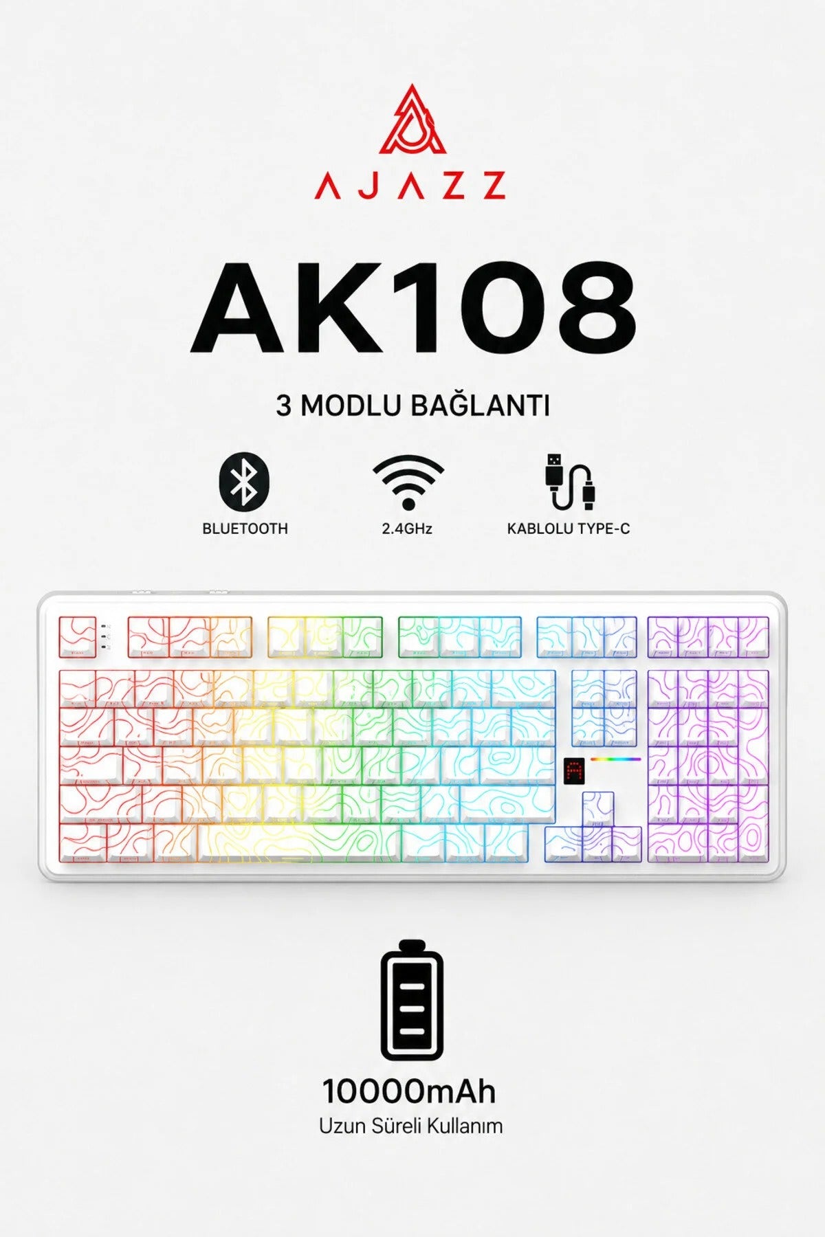 Ajazz AK108 10.000 mAh 3 Modlu Kablosuz Mekanik Oyuncu Klavyesi | Hot Swap RGB