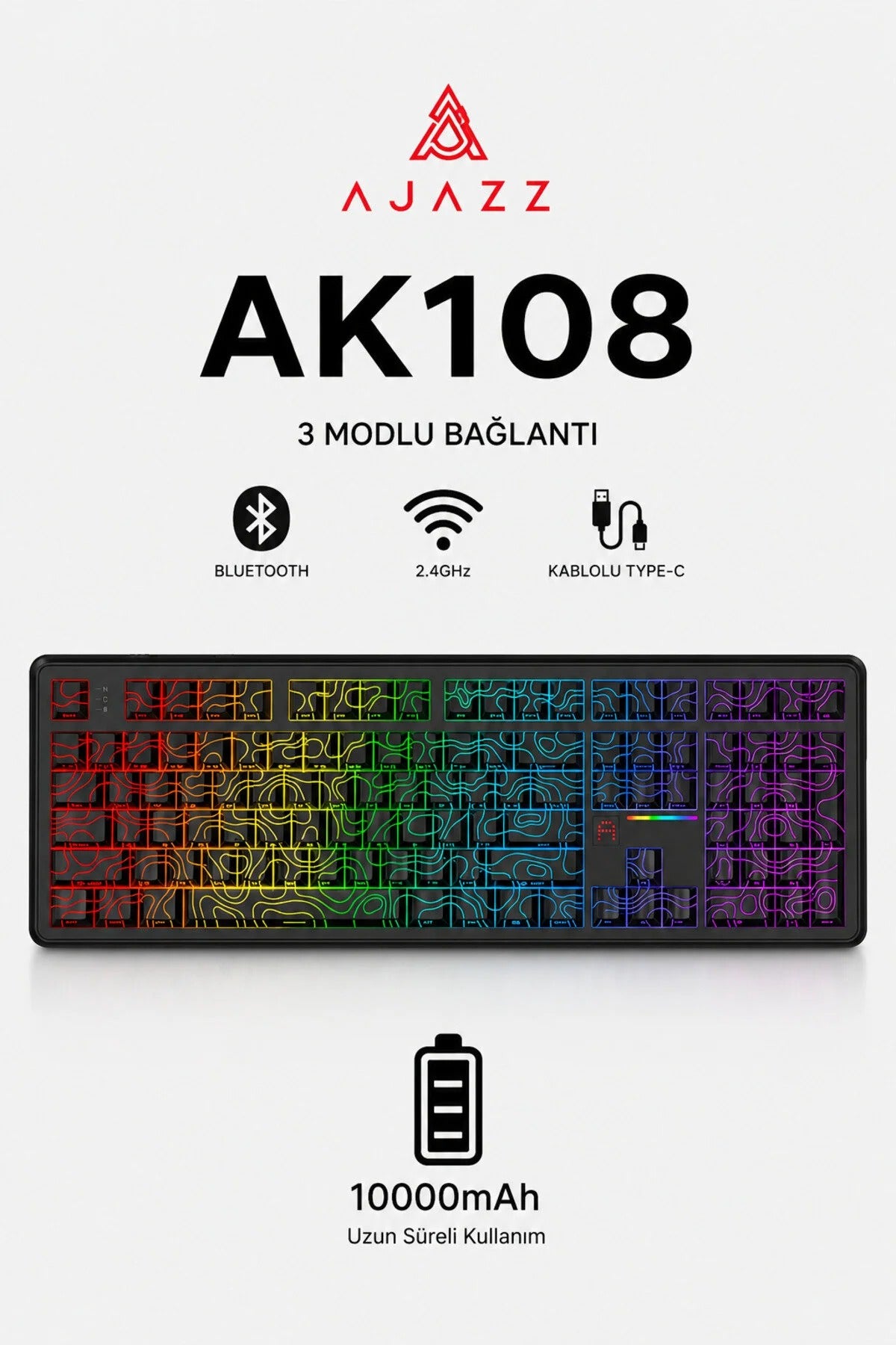 Ajazz AK108 10.000 mAh 3 Modlu Kablosuz Mekanik Oyuncu Klavyesi | Hot Swap RGB
