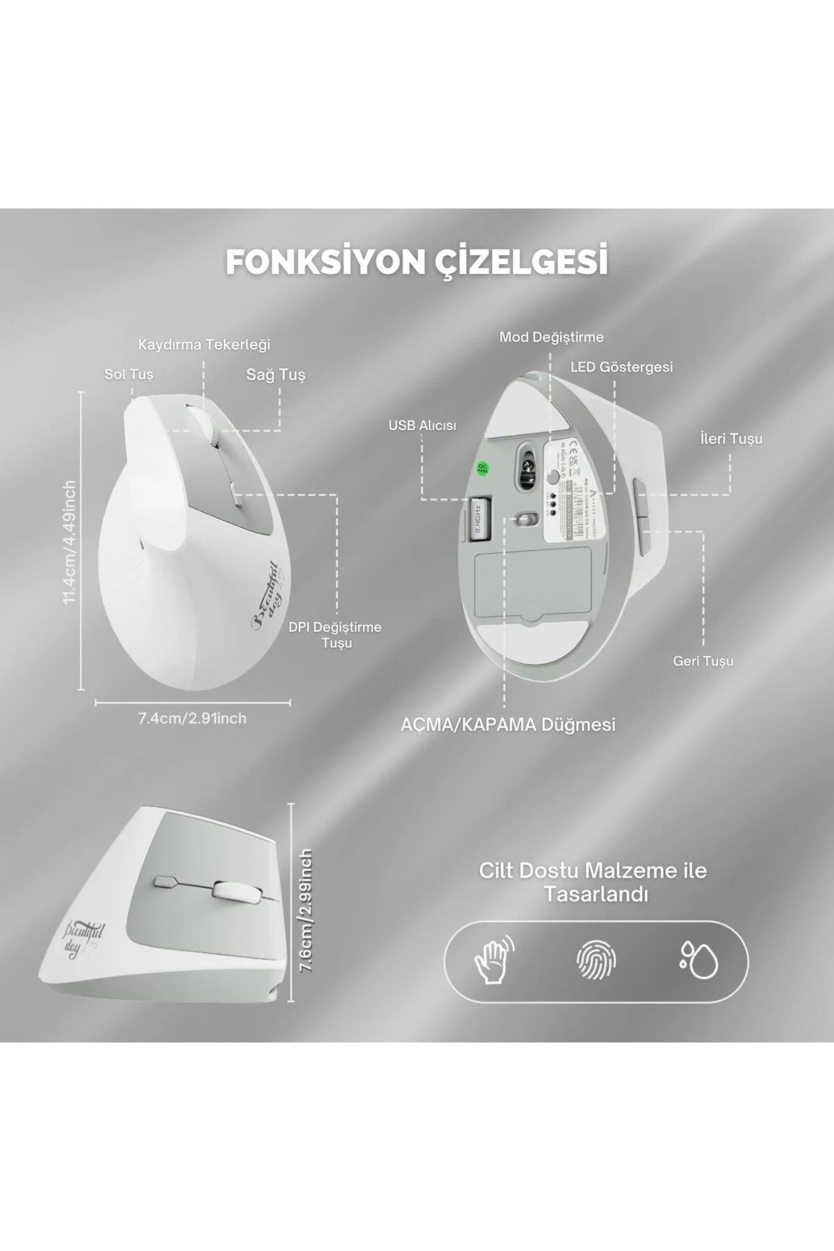 i300 Kablosuz Ergonomik Dikey Mouse- 84Gr-Sessiz Tıklama- 57° Açı-16.000 DPI