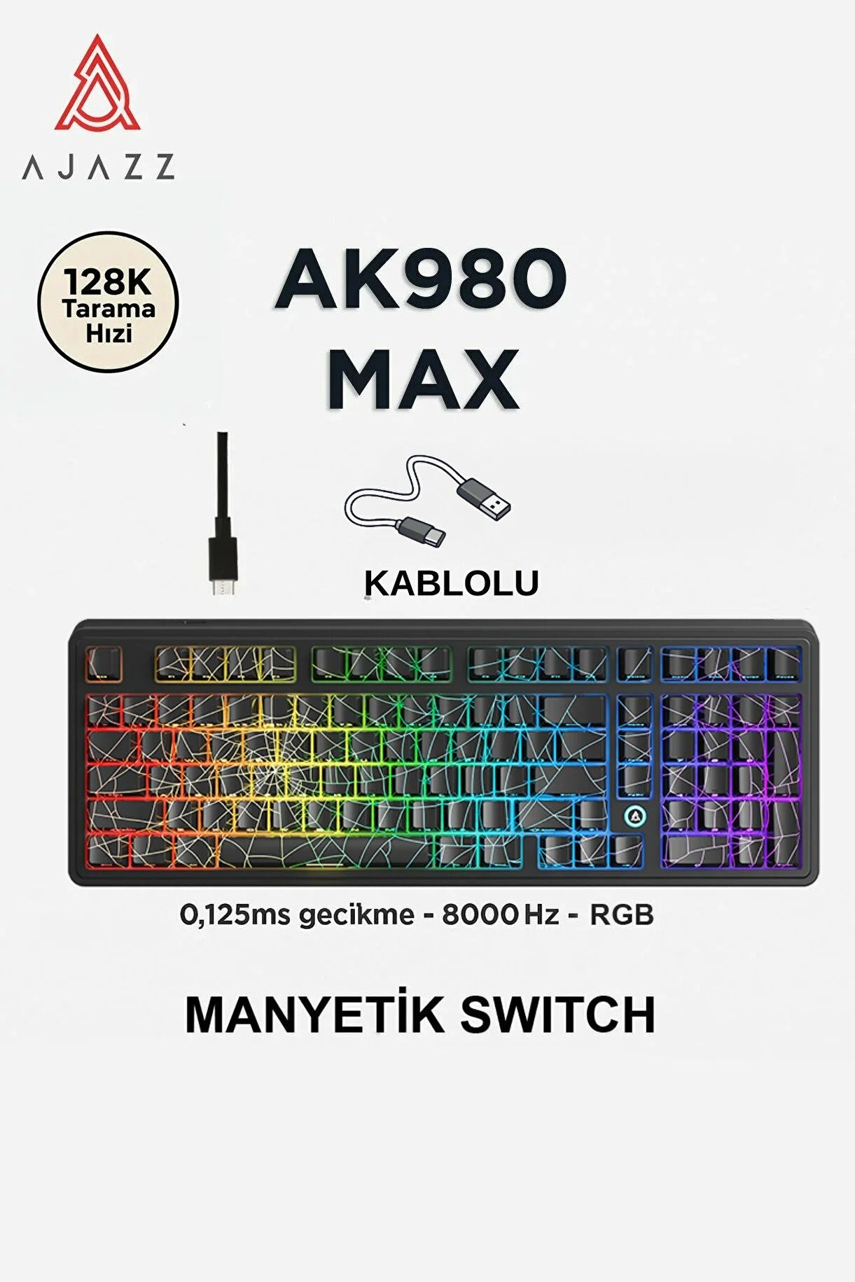 AK980 Max HE Manyetik Switch Klavye- 128K Tarama Hızı-0.125 MS Ultra Düşük Gecikme-8000 Hz