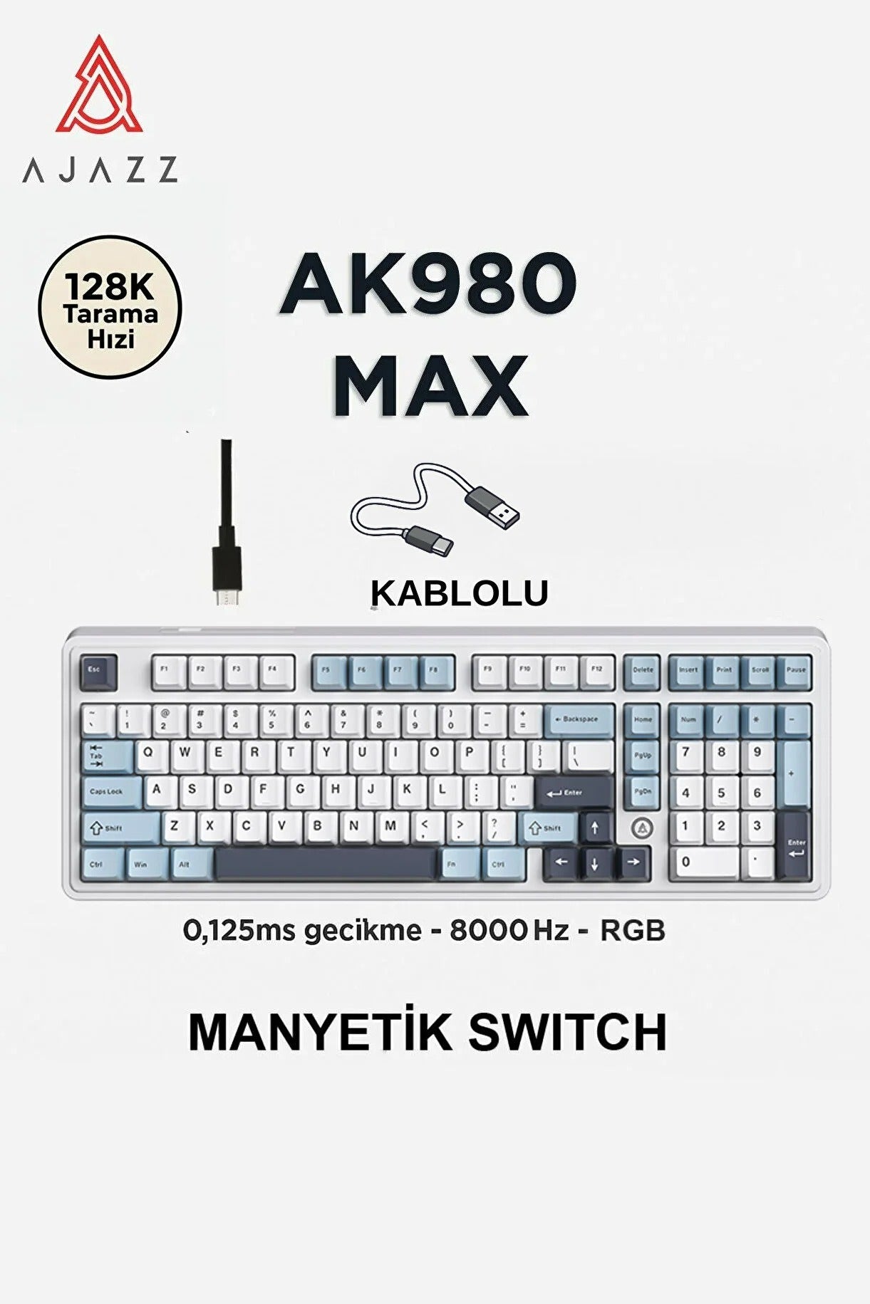 AK980 Max HE Manyetik Switch Klavye- 128K Tarama Hızı-0.125 MS Ultra Düşük Gecikme-8000 Hz