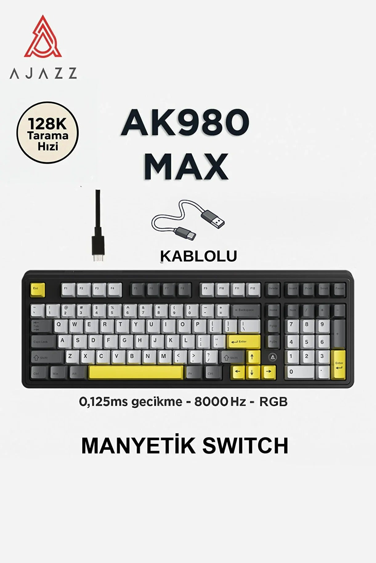 AK980 Max HE Manyetik Switch Klavye- 128K Tarama Hızı-0.125 MS Ultra Düşük Gecikme-8000 Hz