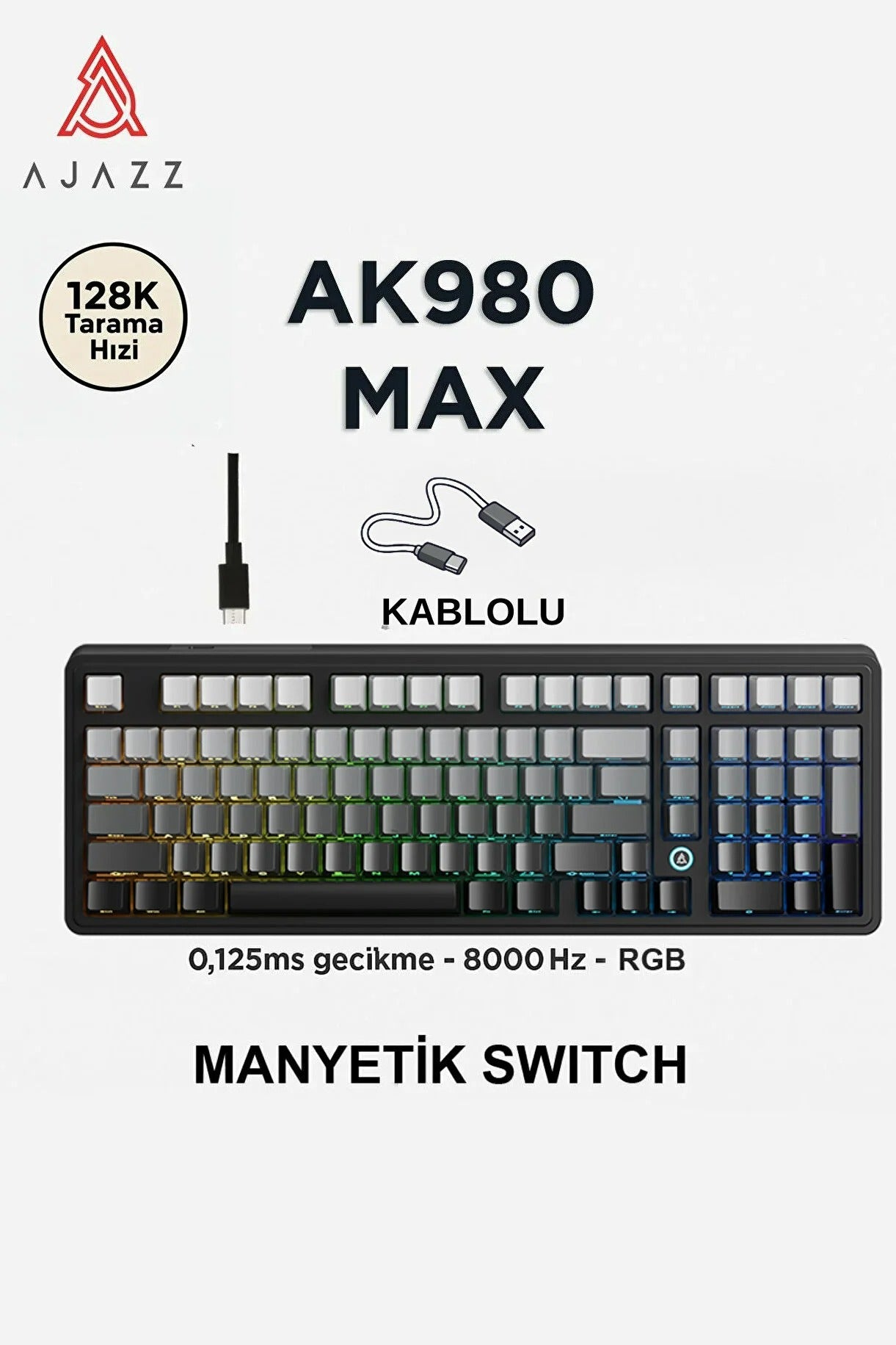 AK980 Max HE Manyetik Switch Klavye- 128K Tarama Hızı-0.125 MS Ultra Düşük Gecikme-8000 Hz