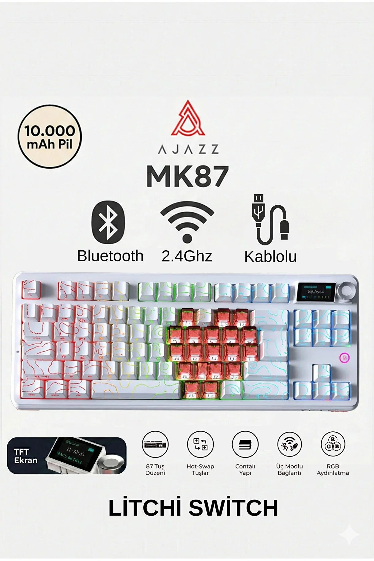 MK87 10.000 Mah Batarya RGB Mekanik Oyun Klavyesi-Ayrılabilir TFT Ekran
