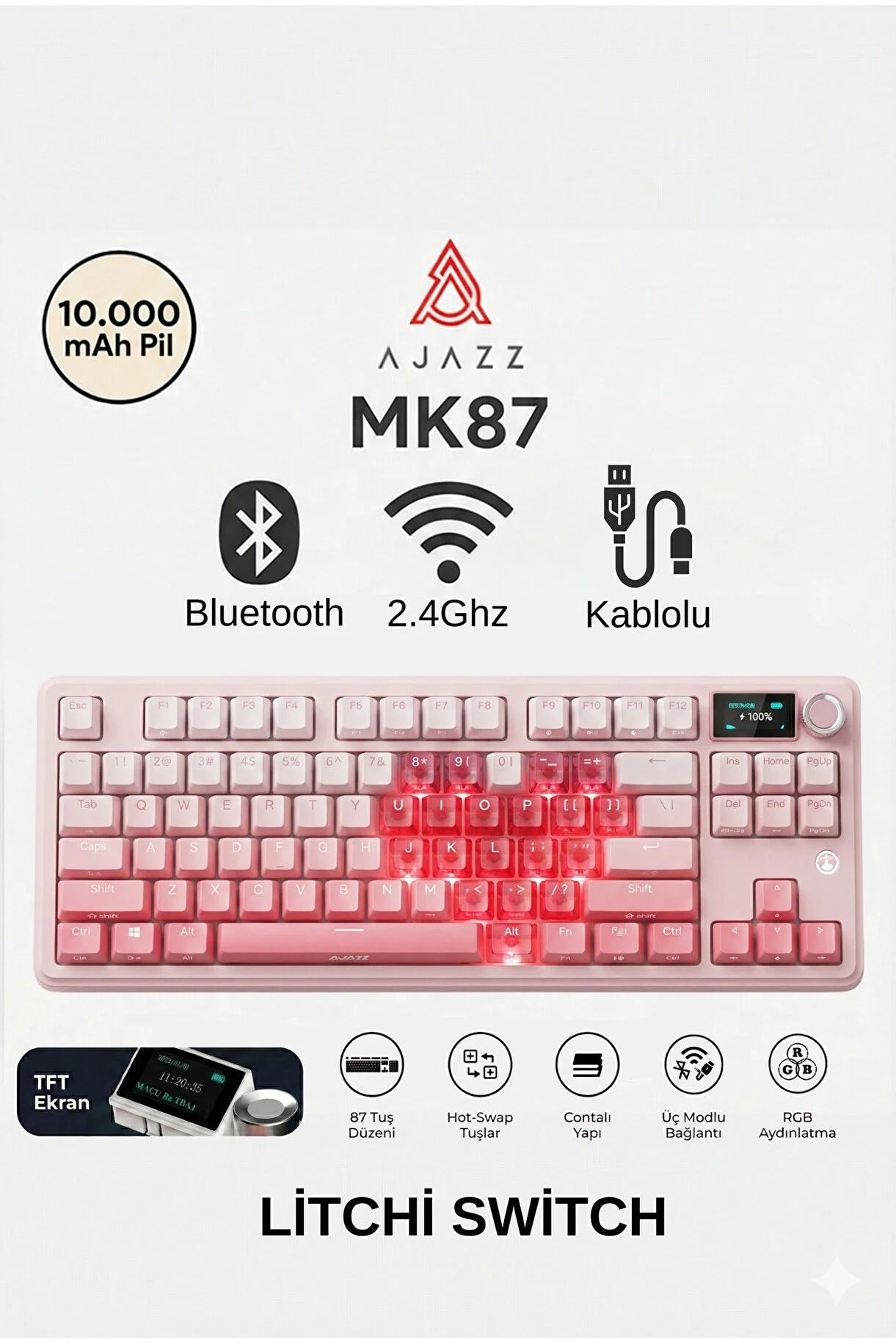 MK87 10.000 Mah Batarya RGB Mekanik Oyun Klavyesi-Ayrılabilir TFT Ekran