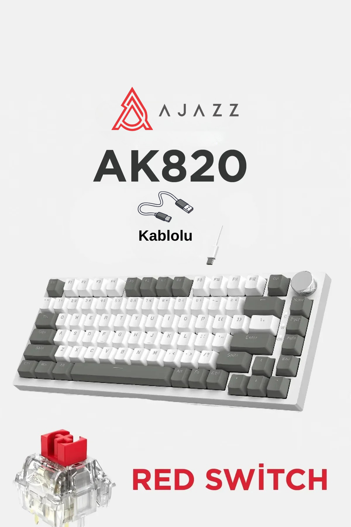 AK820 Kablolu Mekanik Oyun Klavyesi , Beyaz Işıklı, Beyaz-Gri, 82 Tuş, Hot Swap, Anti Ghosting