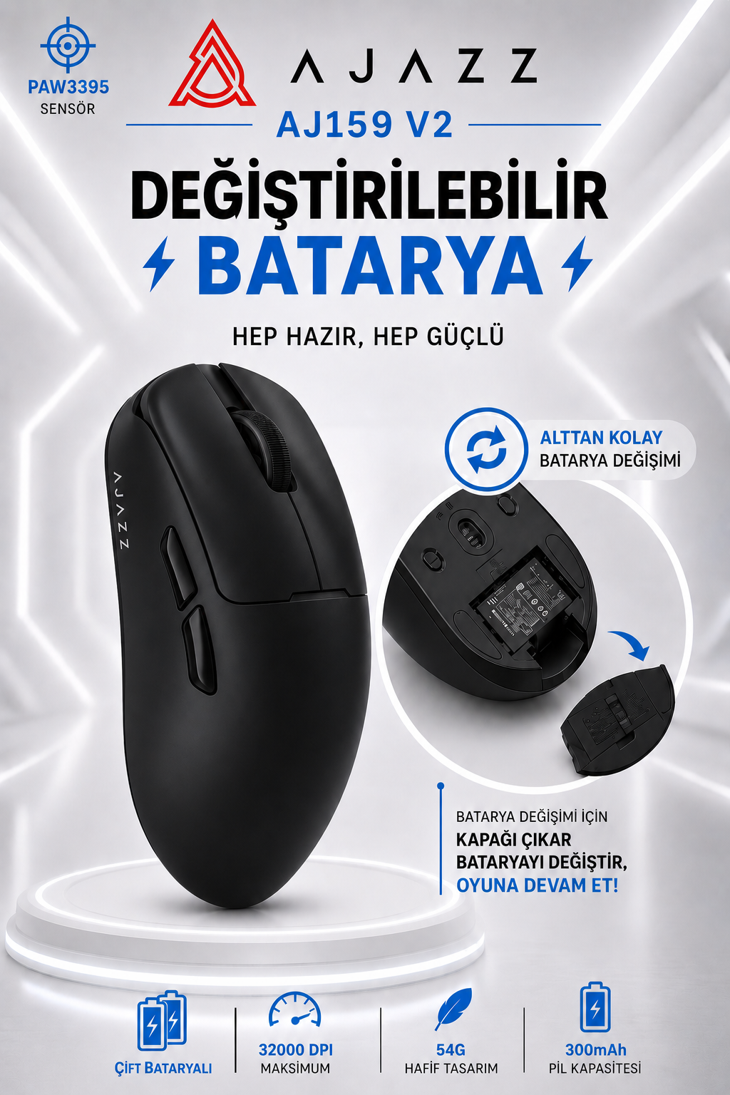 AJ159 V2 Profesyonel Oyuncu Mouse 3 Modlu Bağlantı 54g Hafif Tasarım Değiştirilebilir Batarya 32000 DPI