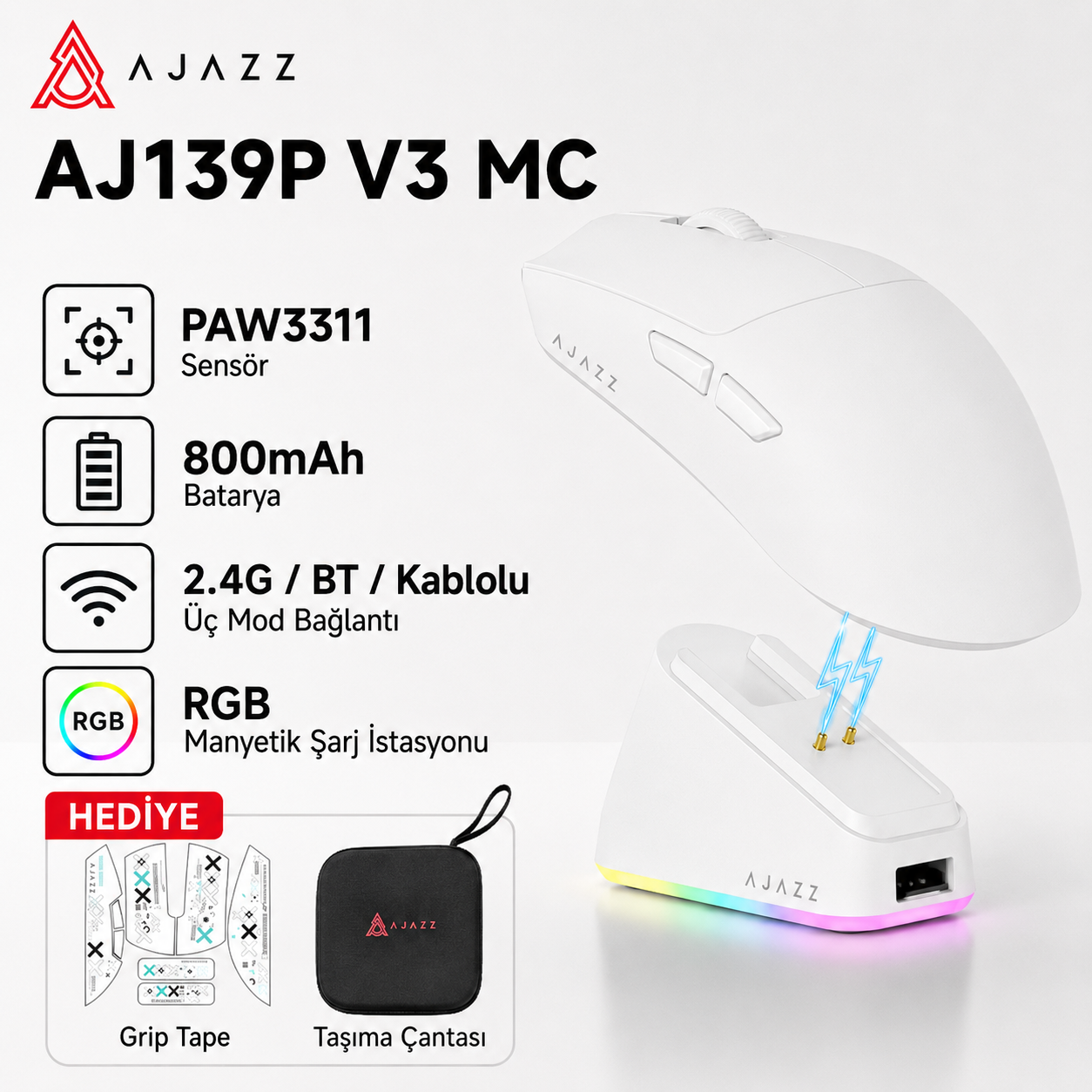 Ajazz Aj139P V3 MC Kablosuz Oyuncu Mouse-800 Mah Batarya RGB Şarj İstasyonu Çanta ve Tape