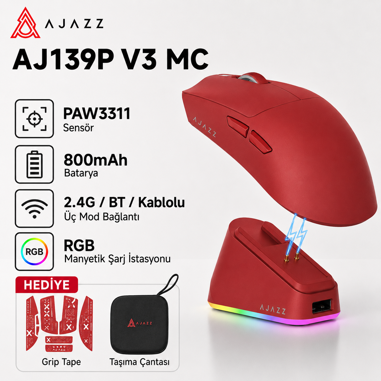 Ajazz Aj139P V3 MC Kablosuz Oyuncu Mouse-800 Mah Batarya RGB Şarj İstasyonu Çanta ve Tape