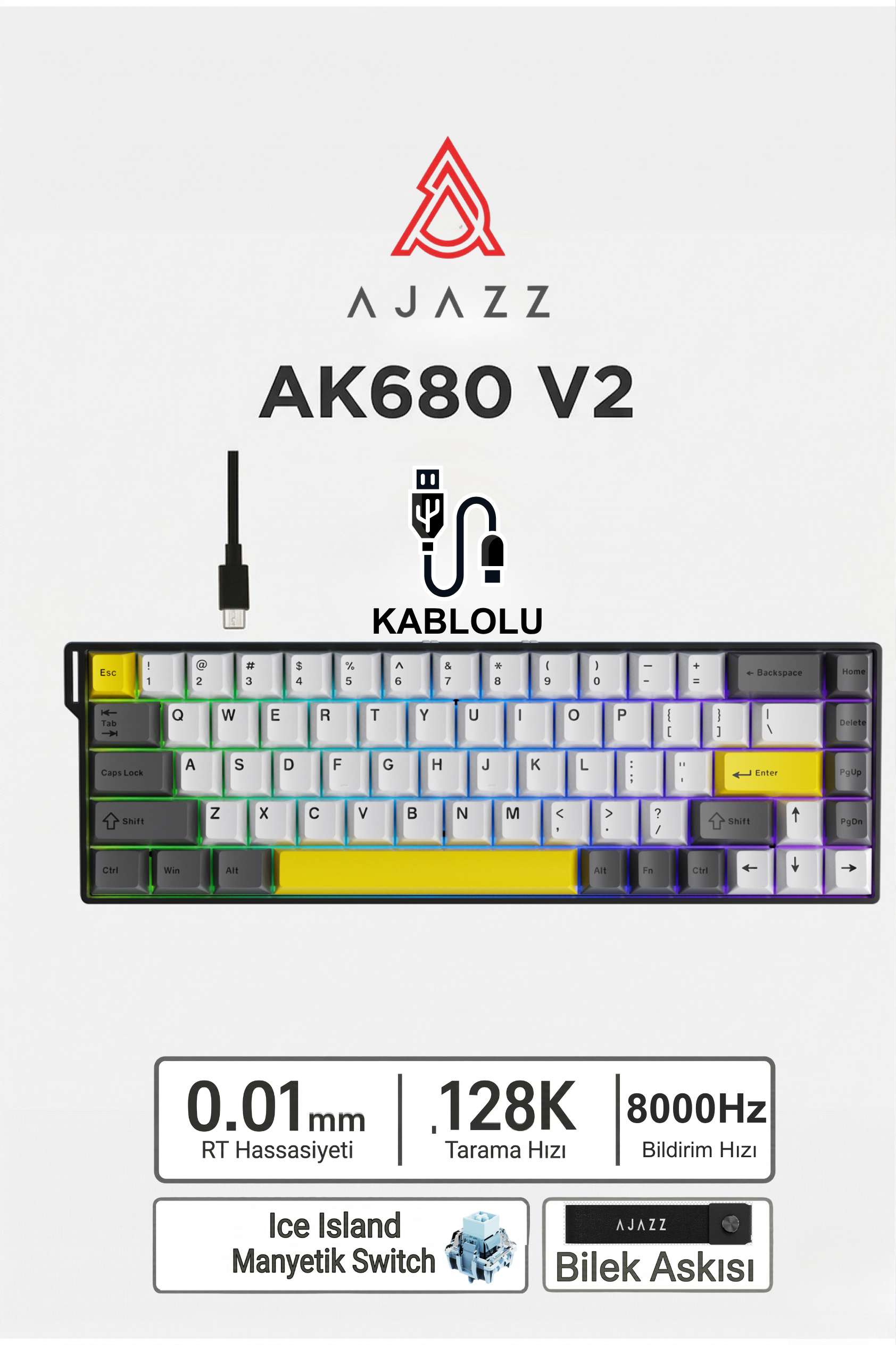 Ajazz Ak680v2 Manyetik Switch Rapid Trigger 8000Hz Klavye-128K Scan Rate-Bilek Askısı