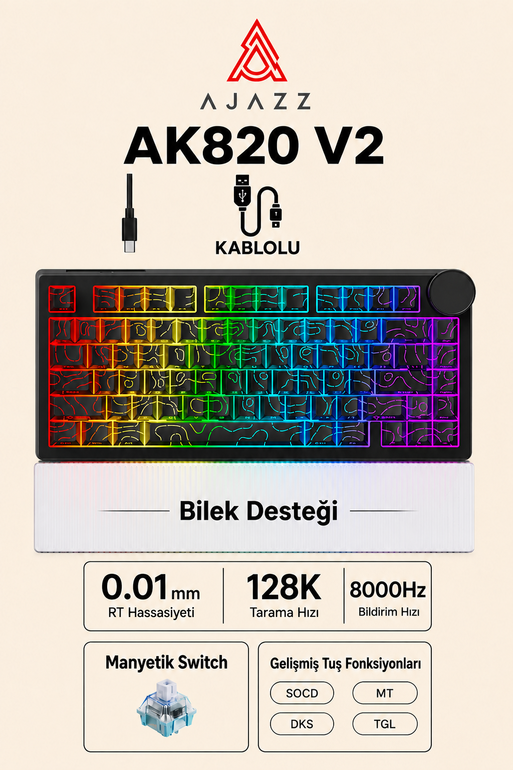 AK820 V2 Manyetik Switch Kablolu Oyuncu Klavyesi 8000Hz Rapid Trigger RGB