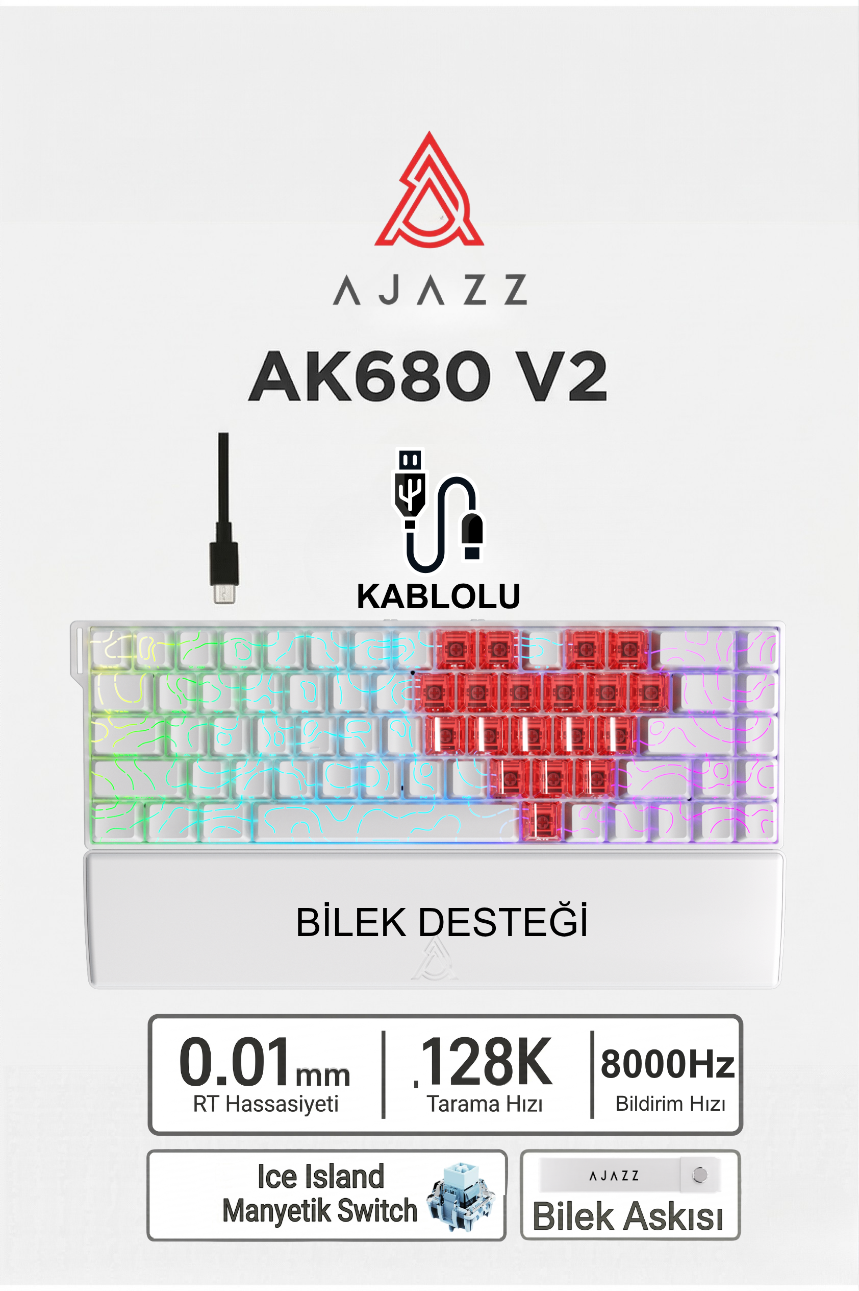 Ajazz Ak680v2 Manyetik Switch Rapid Trigger 8000Hz Klavye-128K Scan Rate-Bilek Askısı