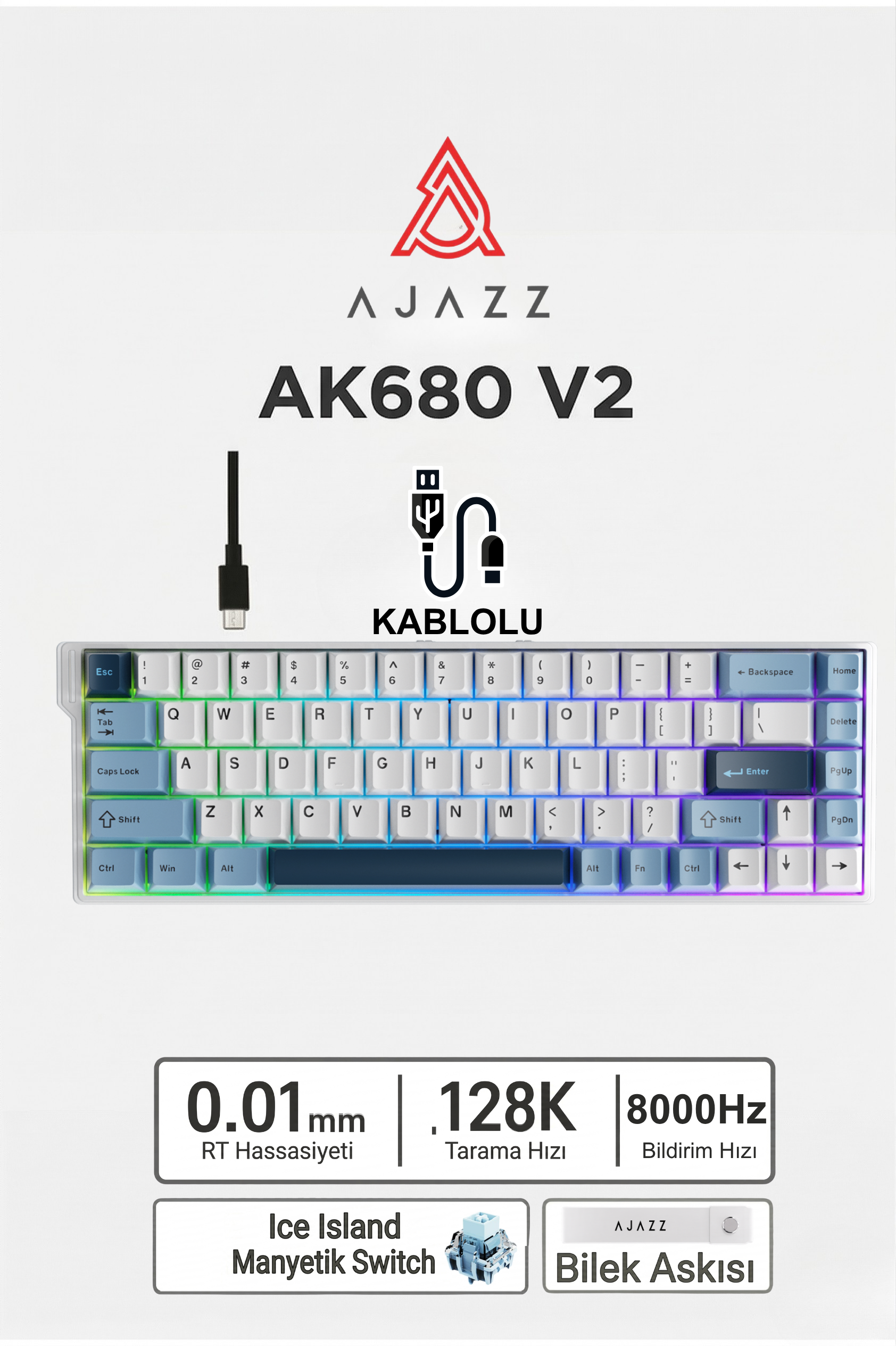 Ajazz Ak680v2 Manyetik Switch Rapid Trigger 8000Hz Klavye-128K Scan Rate-Bilek Askısı