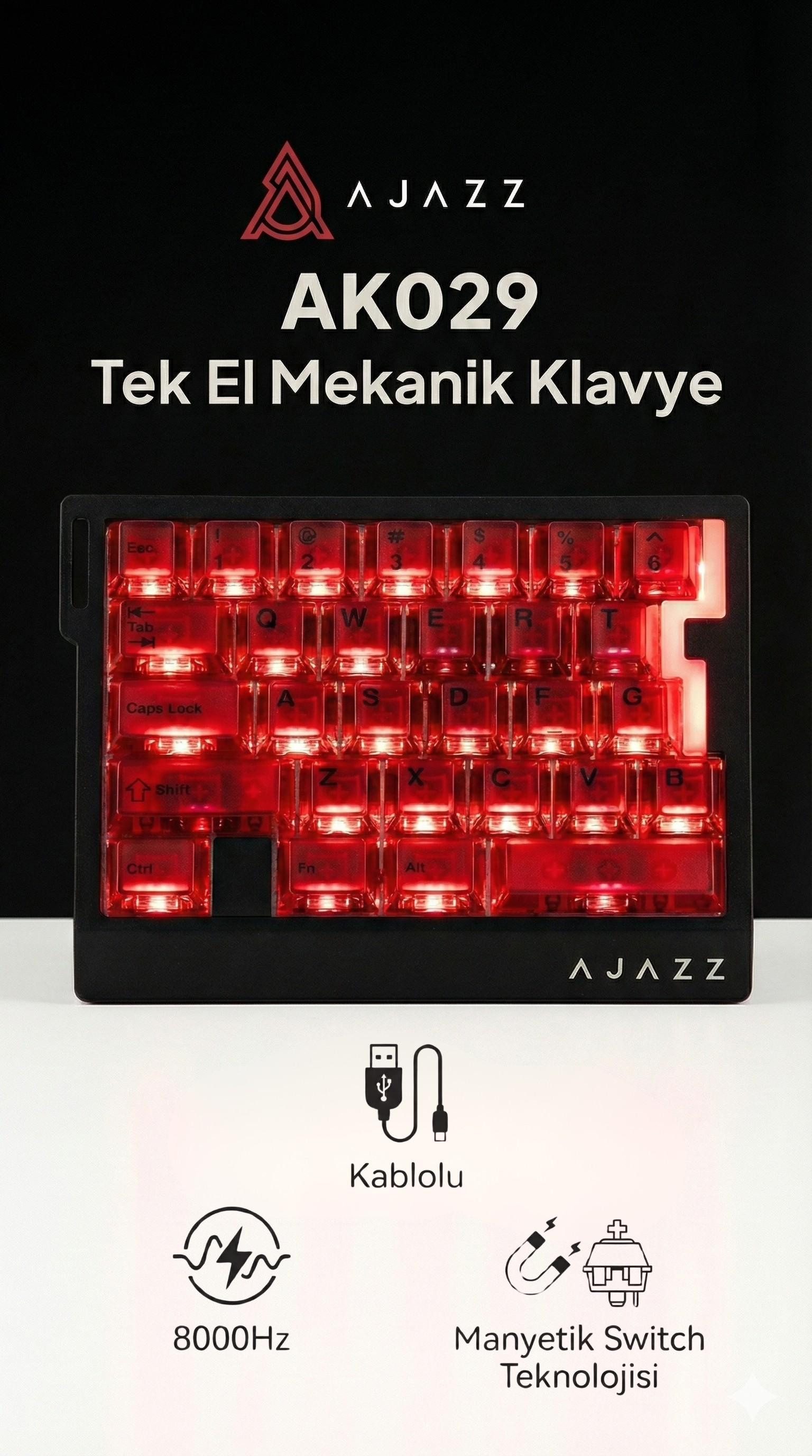 AK029 Tek El Kablolu Manyetik Switch Oyun Klavyesi - 29 Tuş - RGB