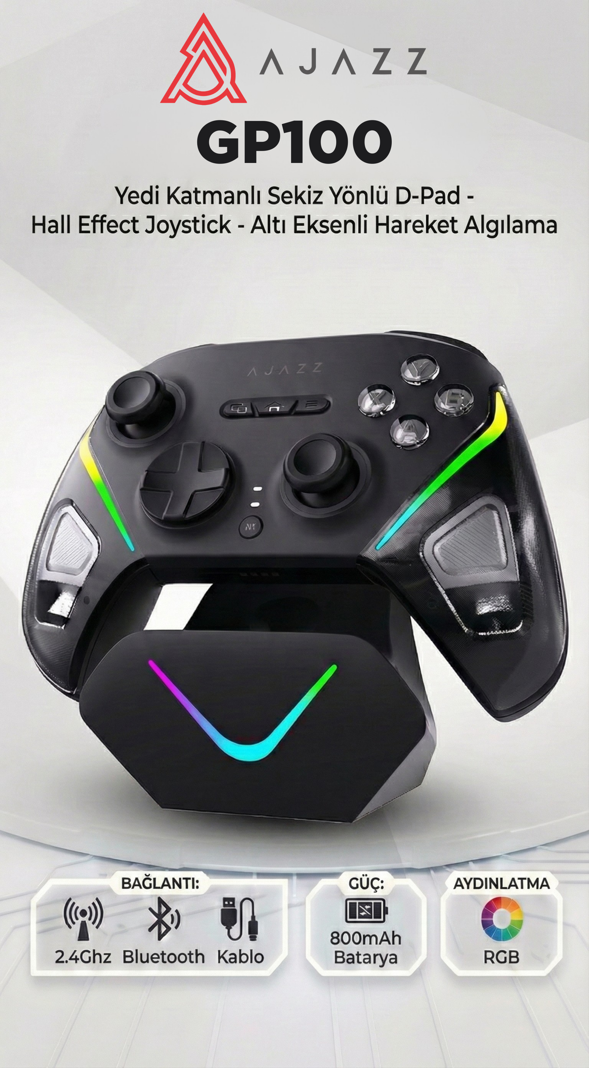 GP100 Oyun Kolu- 3 Modlu (BT5.3, Kablolu, 2.4G) 800 Mah Batarya- Şarj Standı