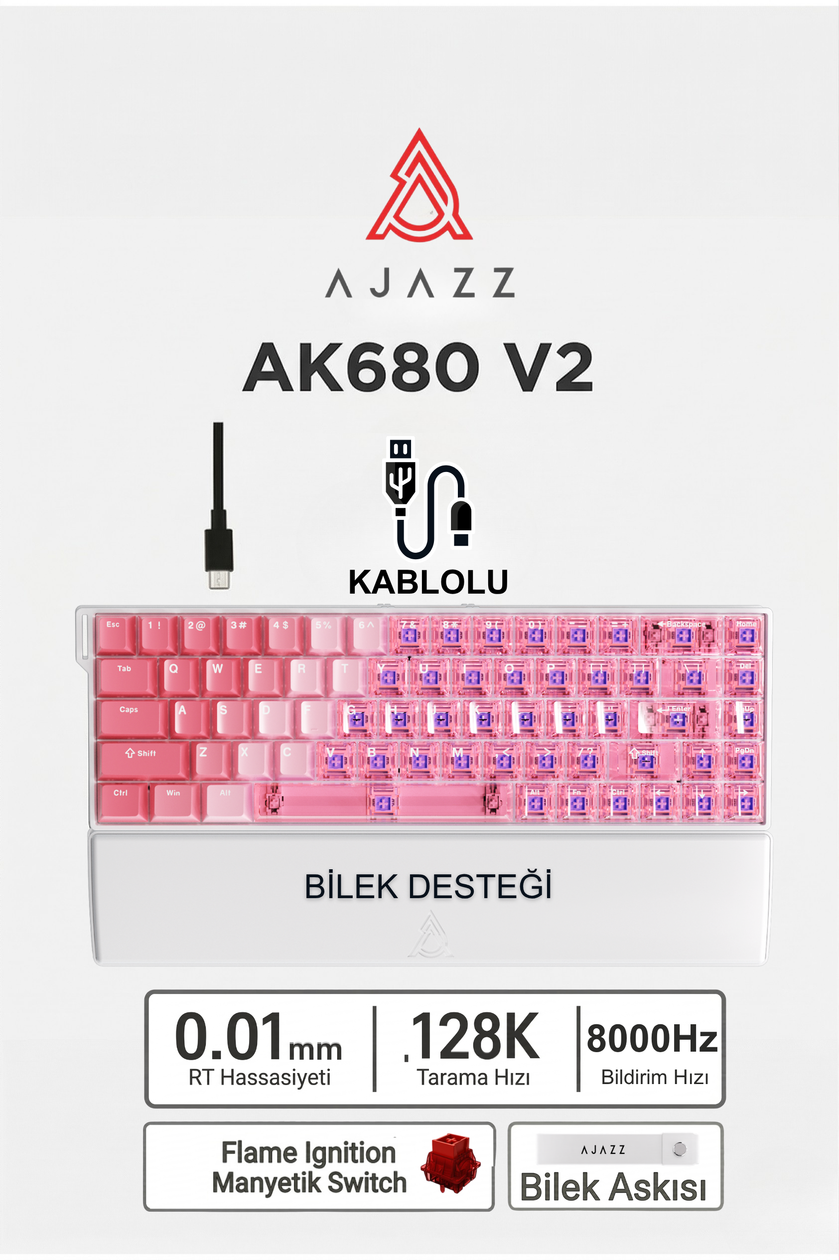 Ajazz Ak680v2 Manyetik Switch Rapid Trigger 8000Hz Klavye-128K Scan Rate-Bilek Askısı