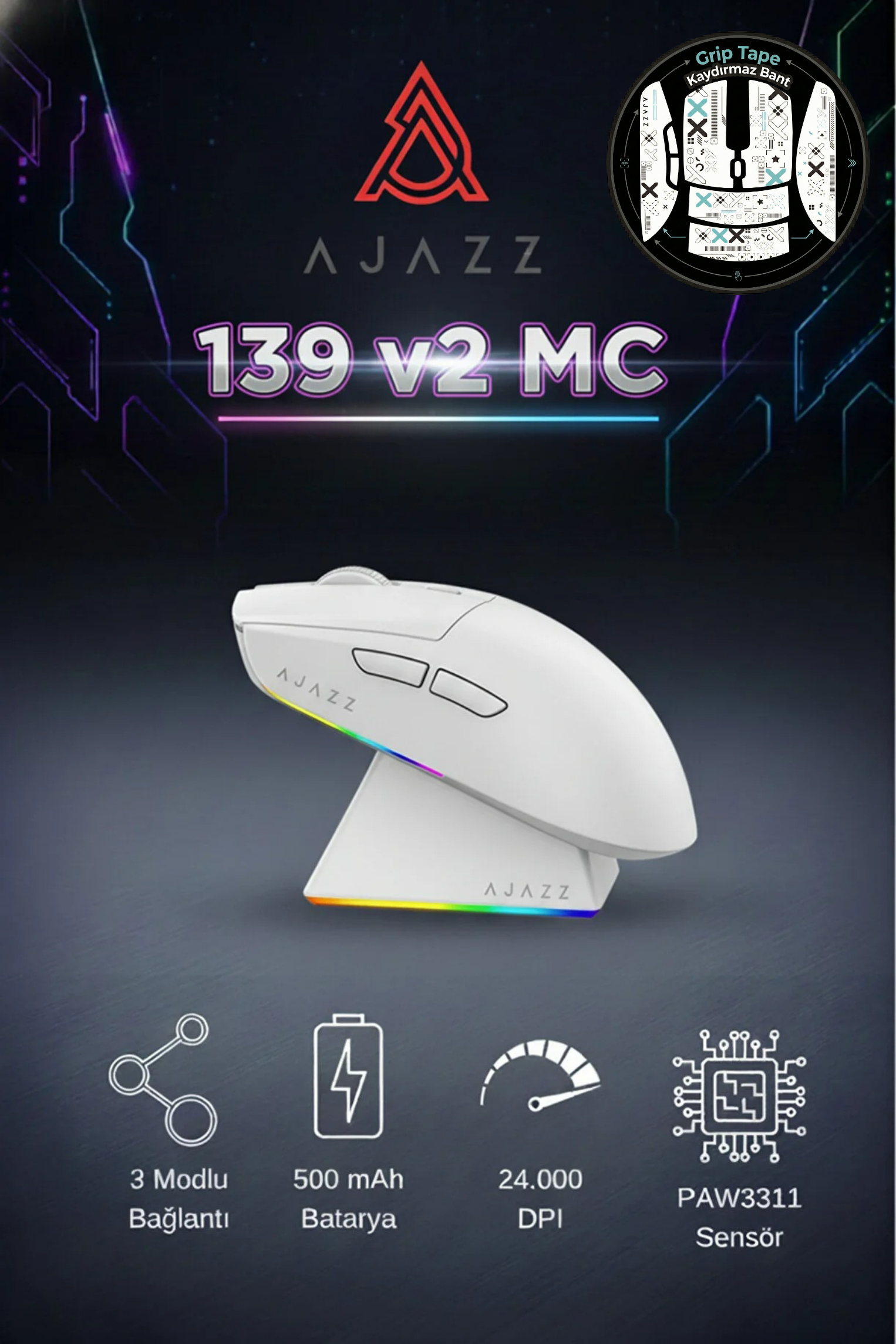 Ajazz 139v2 MC - 3 Modlu Kablosuz Mouse + Grip Tape Hediyeli